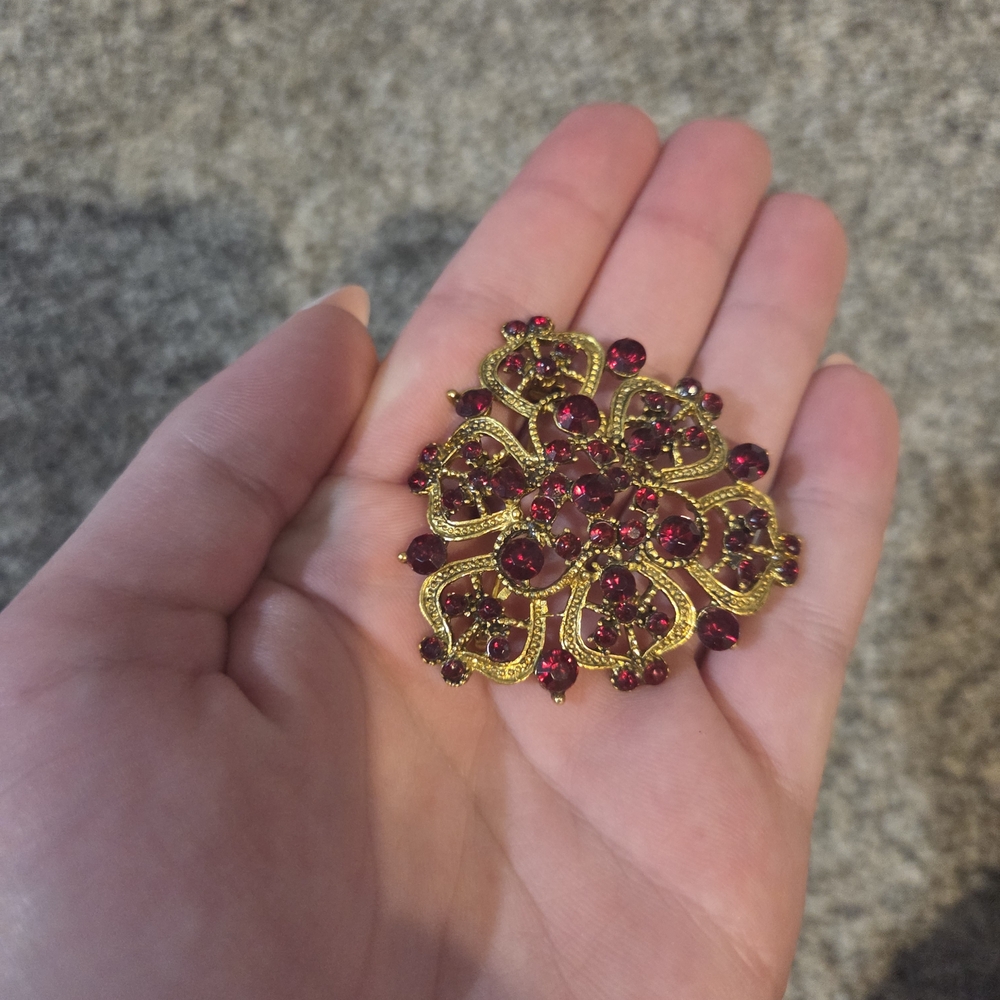 Monet Gold and Red Floral Brooch